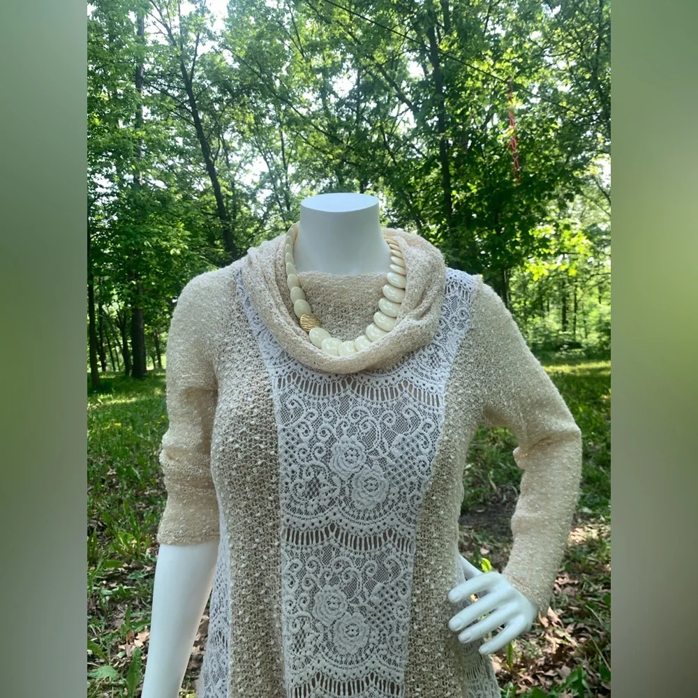 Ryu Cream and Brown Cowl Neck Sweater with Cable Knit Design - Picture 2 of 9